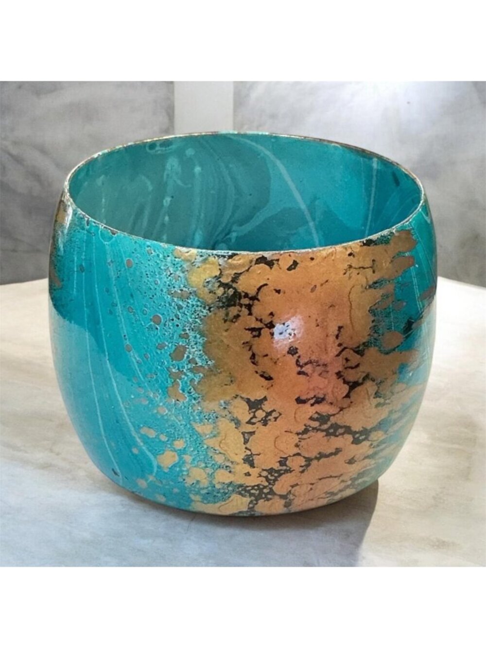 Turquoise & Gold Wide Metal Bangle Bracelet With Abstract Design 2.5" Diameter 2